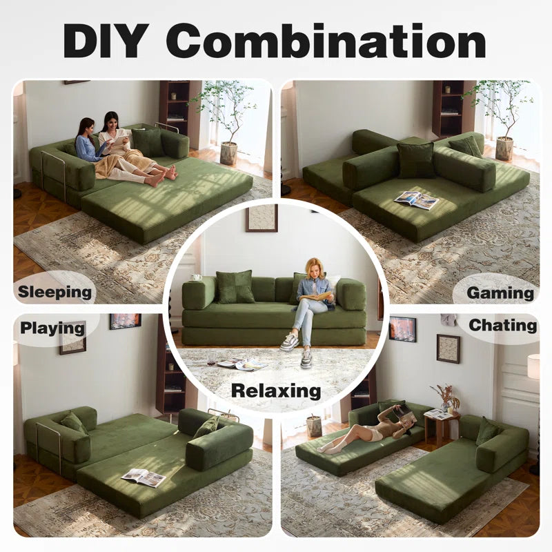 Fold Out Modular Sofa Bed Convertible Floor Sofa Couch Corduroy Folding Mattress Lounge Couch for Livingroom Bedroom Office No Assembly Required with Fixed-Shape Frame